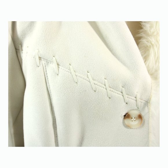 Coldwater Creek Ivory Faux Suede Shearling Fur Lined Sherpa Coat Whipstitch - Lg - Picture 4 of 11